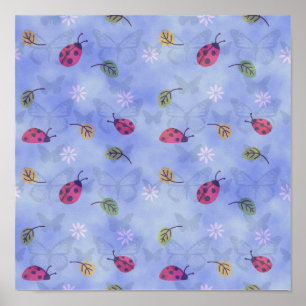 Ladybugs Flowers och Löv Poster