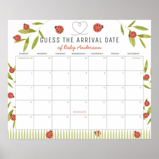 Ladybugs Green Guess The Due Date Calendar Poster (Framsidan)