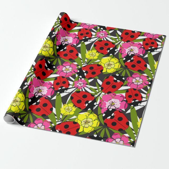 Ladybugs och Flowers Söt Garden Insekt Mönster Presentpapper (Utrullad)