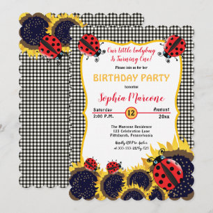 Ladybugs och Solblommor Girl 1st Birthday Party Inbjudningar