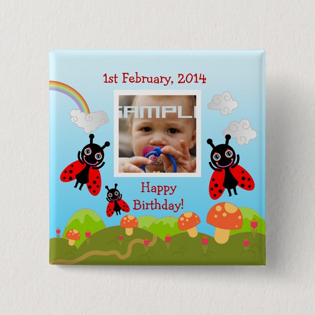 Ladybugs önskar grattis på födelsedagen med foto knapp (Framsida)