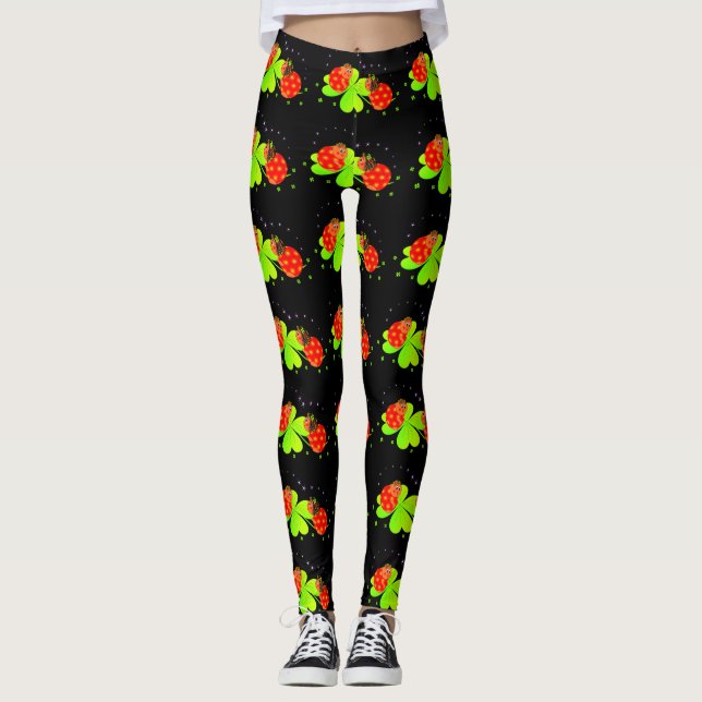 Ladybugs på Shamrock Mönster Black Leggings (Framsida)