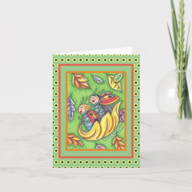 LADYBUGS RIDING ON FALLING HÖST LÖV, ROLIGT KRYP TACK KORT (Framsida)