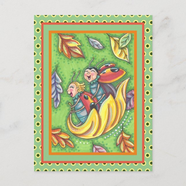 LADYBUGS RIDING ON FALLING HÖST LÖV, ROLIGT KRYP VYKORT (Framsida)