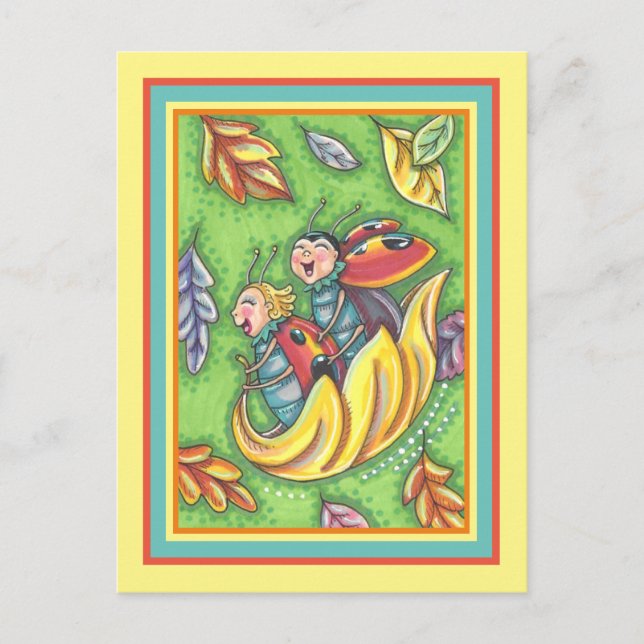 LADYBUGS RIDING ON FALLING HÖST LÖV, ROLIGT KRYP VYKORT (Framsida)