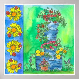 Ladybugs Sunwers Röd ros Watercolor Flowers Poster