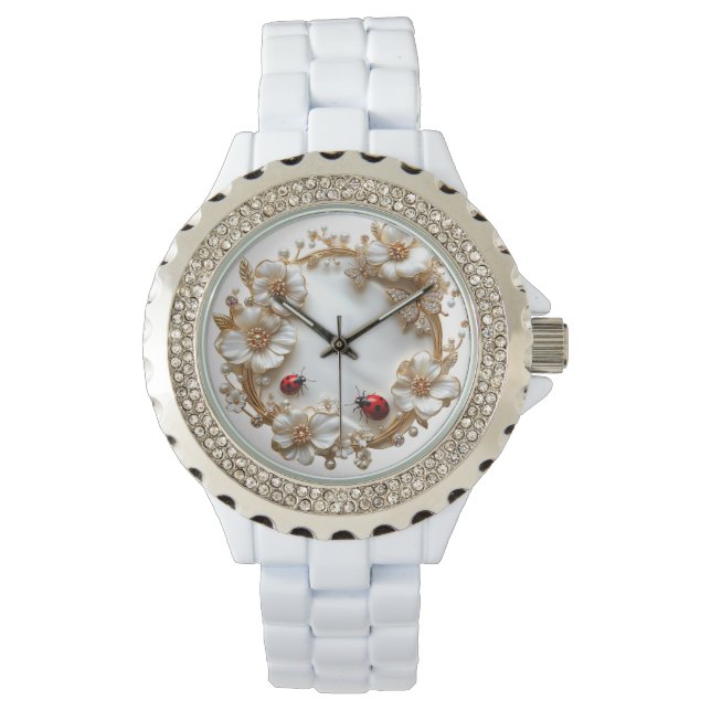 Ladybugs White Flowers Diamond Butterfly Armbandsur (Framsida)