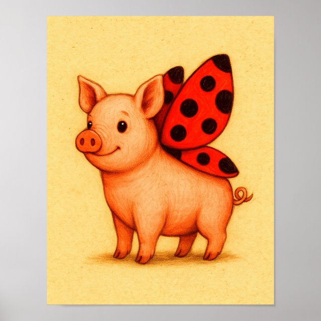 Ladypig Gris Väggkonst, Nyckelpiga Vingar Gris Poster (Framsidan)