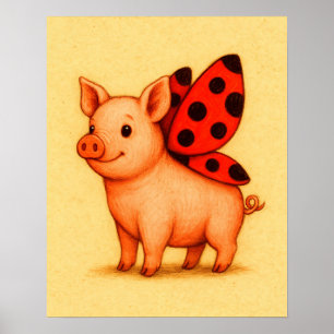 Ladypig Gris Väggkonst, Nyckelpiga Vingar Gris Poster
