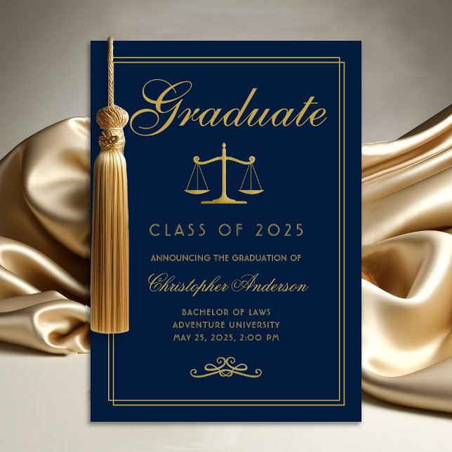 Lag Blue Guld Scalof Justice College Graduation Meddelande (Navy blue and gold scales of justice college graduation announcement for lawyers)