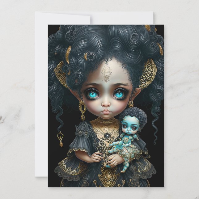 Låg böjning, Gothic Girl med antikisk doll, Big Ey Inbjudningar (Framsida)