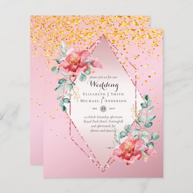 Låg budget röd blommig roséguld glitter bröllop (Fram/baksida)