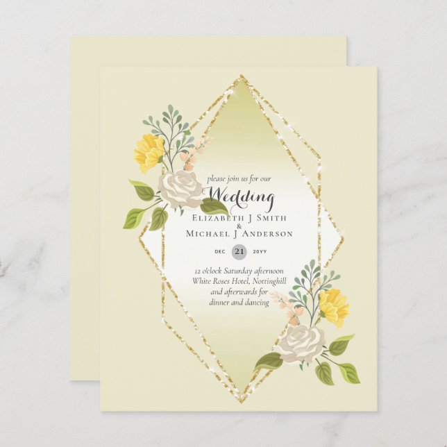 LÅG BUDGET Vit Ros Gul Blomma Bröllopsinbjudan (Fram/baksida)