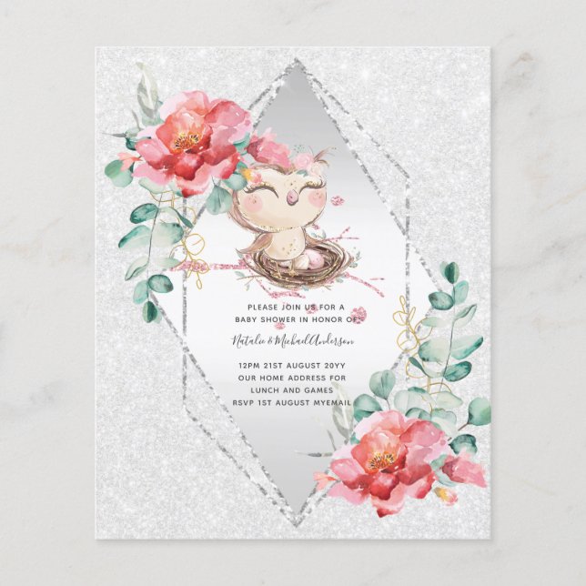 LÅG BUDGETBABY SHOWER INVITATIONS Rosa UGGLA Cute Flygblad (Framsidan)