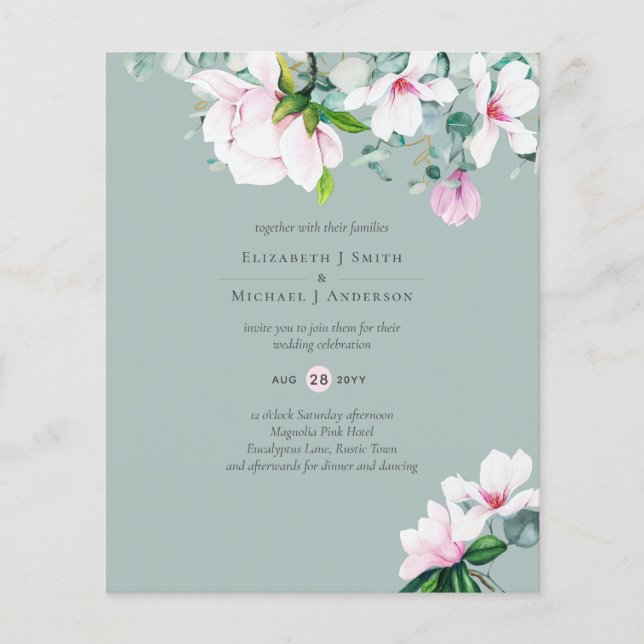 LÅG BUDGETRosa Magnolias Eucalyptus Blue Bröllop Flygblad (Framsidan)