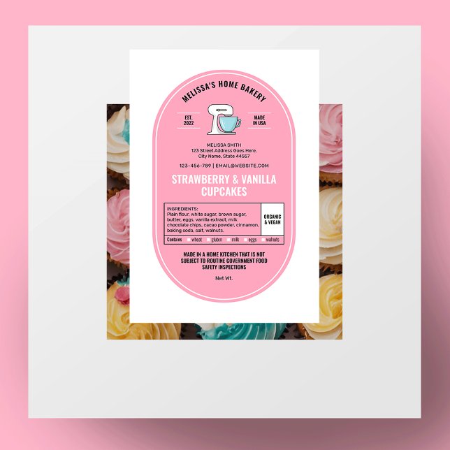Lag Hembageri - etikett för kvinnlig  Rosa (Feminine blush pink and white home bakery cottage law labels with ingredients and allergens)