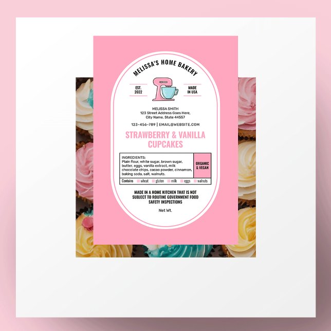 Lag Hembageri - etikett för kvinnlig  Rosa (Feminine blush pink and white bakery labels with ingredients and allergens)