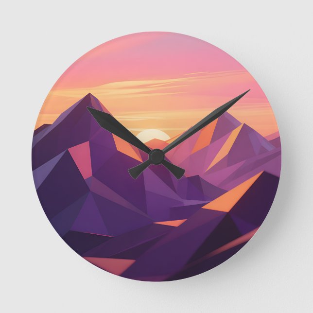 Låg Poly Berg Solnedgång Geometrisk Rund Klocka (Framsida)