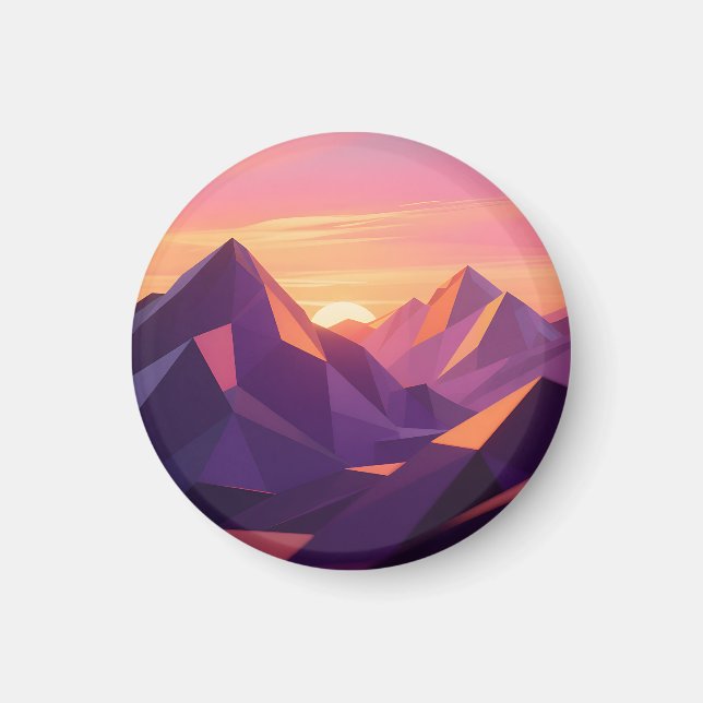 Låg Poly Bergs Solnedgång Geometrisk Magnet (Framsidan)