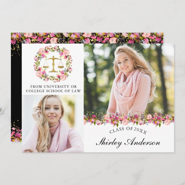 Lag School Studenten Blommigt 2 Fotomeddelande 2 Inbjudningar (Fram/baksida)