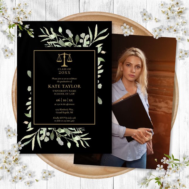 Lag School Studenten Photo Black och Guld Foliage Inbjudningar (Law School Graduation Photo Black And Gold Foliage Invitation)