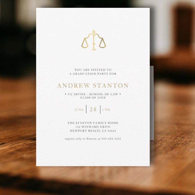 Lag School Studenten Scale of Justice Modern Inbjudningar (law school graduation party invitation gold scales of justice black white gold elegant modern classy)