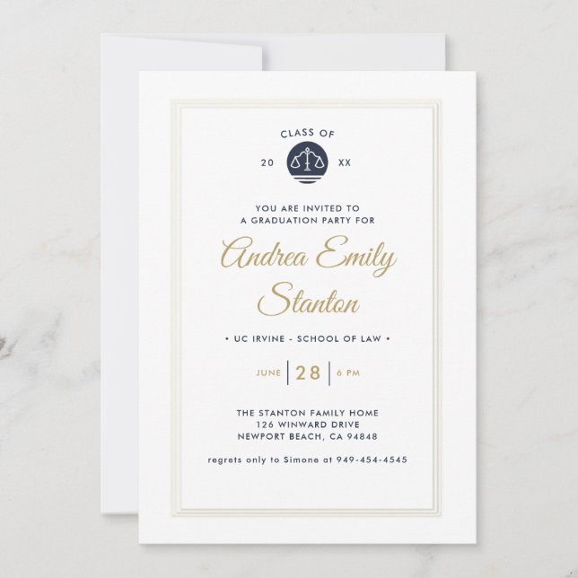 Lag School Studenten Scale of Justice Navy Guld Inbjudningar (Framsida)