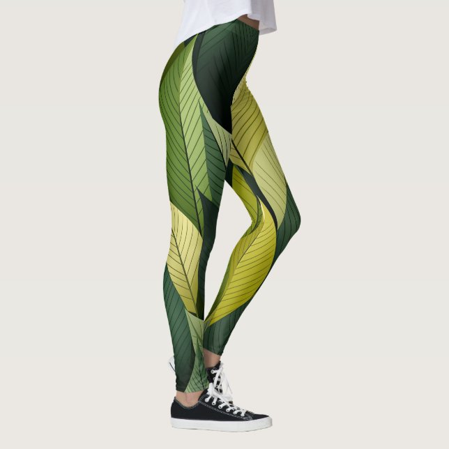 Lagar för Löv-övertryckning med geometrisk Grönt Leggings (Höger)