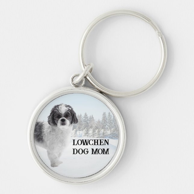 Lågchen Hundmamma Vinterscen Rund Silverfärgad Nyckelring (Framsidan)