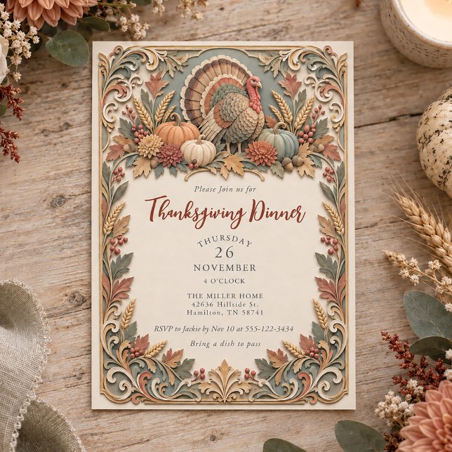 Lagd papper effekt Turkiet Thanksgiving Middag  Inbjudningar (Layered Paper Effect Turkey Thanksgiving Dinner Invitation)