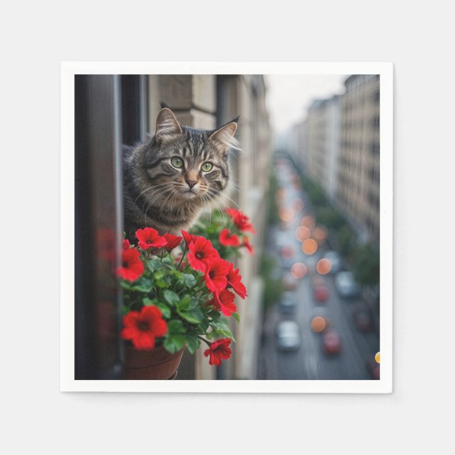 Lägenhet Tabby Katt I Fönster Pappersservett (Framsidan)