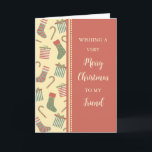 Lager och presenter Friend God jul Kort<br><div class="desc">God jul för ett vänkort med söta strumpor,  gåvor och polkagrisar mönster och tankfull vers.</div>