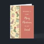 Lager och presenter Friend God jul Kort<br><div class="desc">God jul för ett vänkort med söta strumpor,  gåvor och polkagrisar mönster och tankfull vers.</div>
