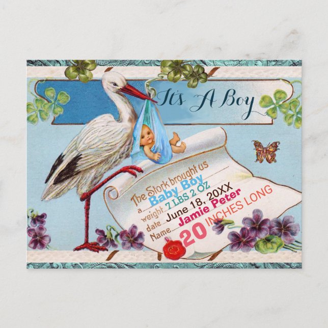 LAGER,SKAMROCKER BOY BABY SHOWER BIRTH STATS INBJUDAN VYKORT (Framsida)