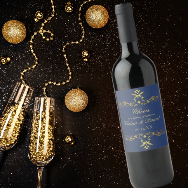 Lagerflottan Blue och Guld Bröllop Vin Flaska Labe Vinflaska Etikett (Skapare uppladdad)