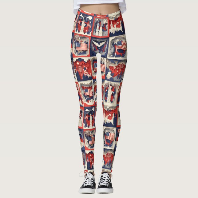Lagerformad patriotisk pappersklippt kakel Mönster Leggings (Framsida)