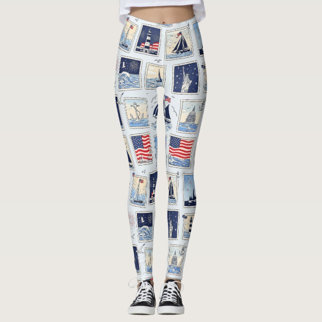 Lagerformad patriotisk pappersklippt kakel Mönster Leggings (Framsida)