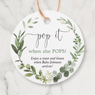 Lägg av när hon poppar eucalyptus babydusch gåvor etiketter