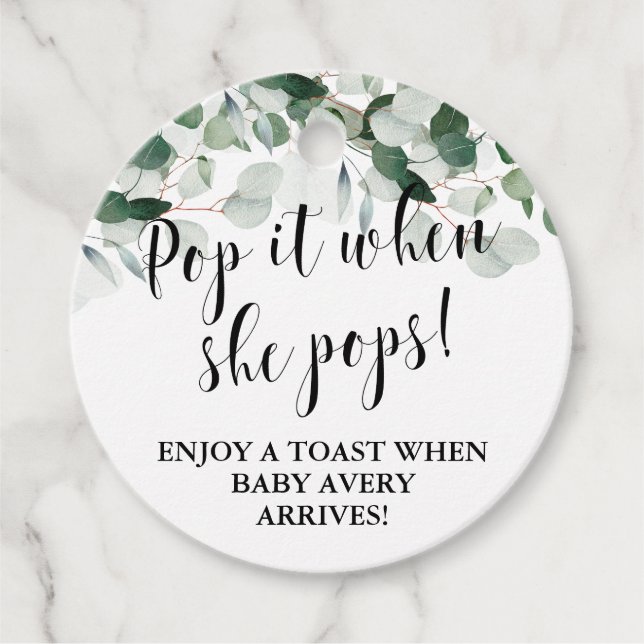 Lägg av när hon poppar greenery Babydusch... Gåvor Etiketter (Framsida)