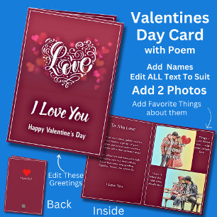 Lägg till 2 fotos Mörk Red Valentine Heart + Kärle Kort