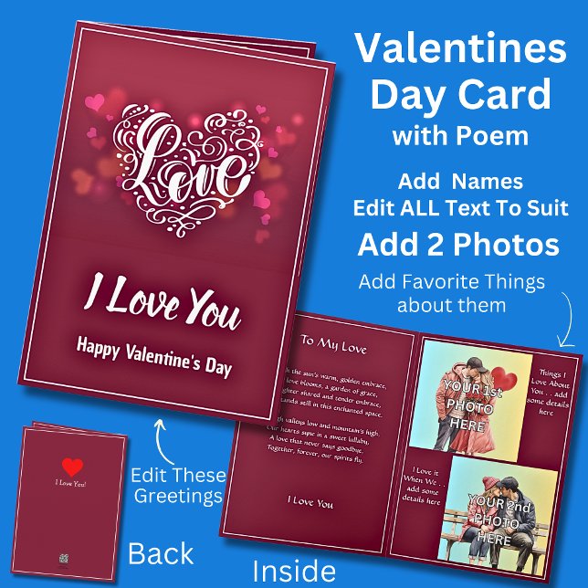 Lägg till 2 fotos Mörk Red Valentine Heart + Kärle Kort (Skapare uppladdad)