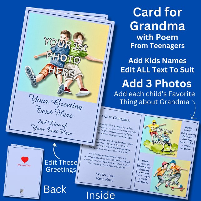 Lägg till 3 foton för mormor, dikt från tonåringar kort (Skapare uppladdad)