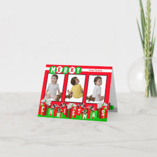 Lägg till 3 foton i ett rött handkort med God jul Helgkort