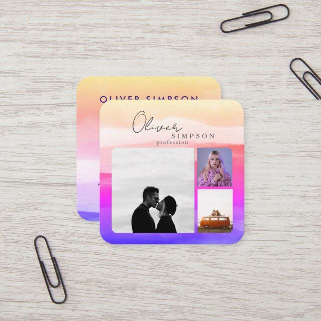 Lägg till 3 foton Skriptvattenfärgshylografi QR Fyrkantigt Visitkort (Fram/Back In Situ)