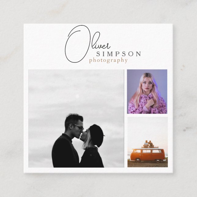 Lägg till 3 fotoskriptfotografier QR Fyrkantigt Visitkort (Framsida)