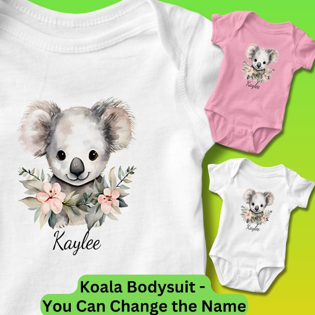 Lägg till Baby Namn, Baby Koala med blommor T Shirt (Koala One-Piece Bodysuit for Baby - Use the Vivid Printing Option when ordering a color bodysuit.)