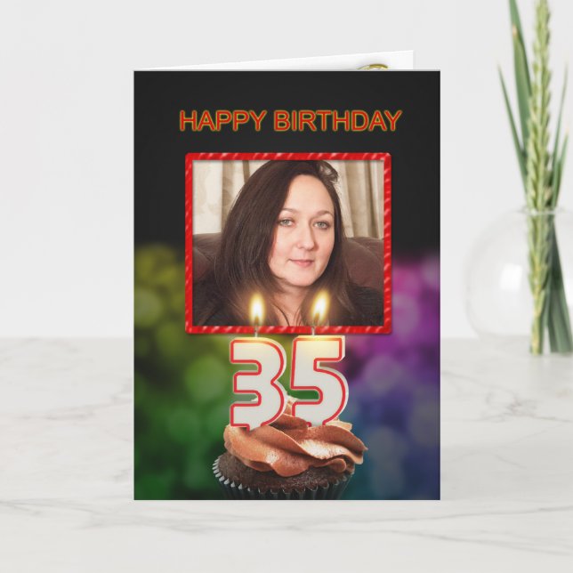 Lägg till bild, 35e Birthday med tårta och ljus Kort (Framsida)