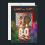 Lägg till bild, 80:e Födelsedagsfest inbjudan<br><div class="desc">Lägg till en bild för att anpassa den här unika partiinbjudan.En roligt 80 födelsedagsfest inbjudan med lycklig-ljus som brinner på en chokladkaka. Byt namn på baksidan till namn på födelsedagspojken eller flickan. Se hela raden av inbjudningar och kort i min butik.</div>