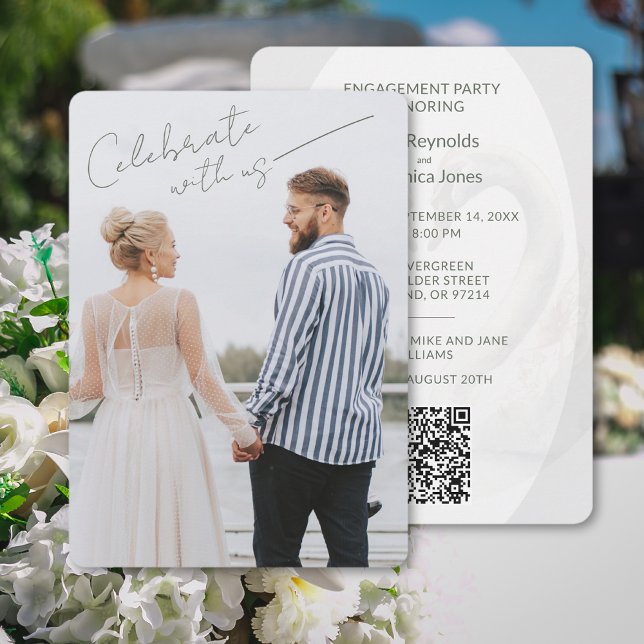 Lägg till bild Förlovningsfest QR-kodinbjudan Inbjudningar (Add Photo Engagement Party QR Code Invitation (front and back))