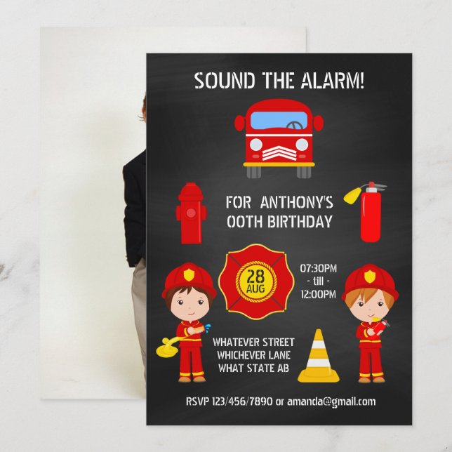 Lägg till bild inbjudan till Fireman Birthday Chal (Fram/baksida)